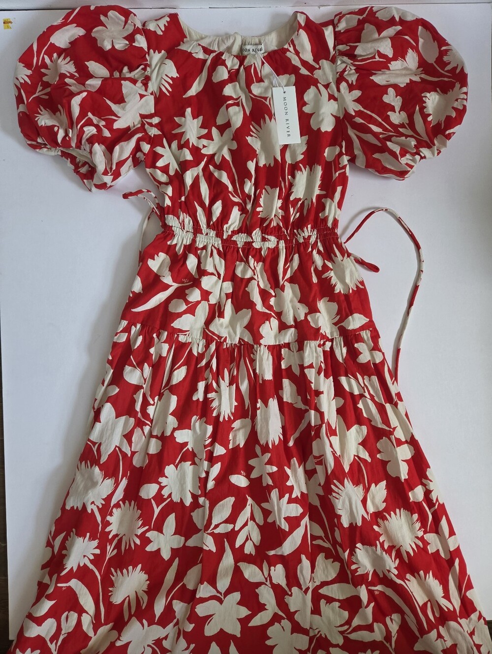 NWT Moon River red cream floral cutout puff sleeve cotton midi dress sz S - Picture 3 of 11